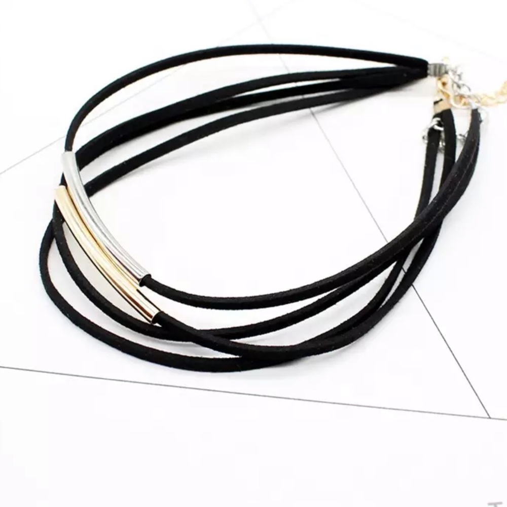 🔥CHOKER NECKLACE🔥BLACK LAYERED BAR CHOKER NECKLACE SILVER OR GOLD NEW - Picture 6 of 6